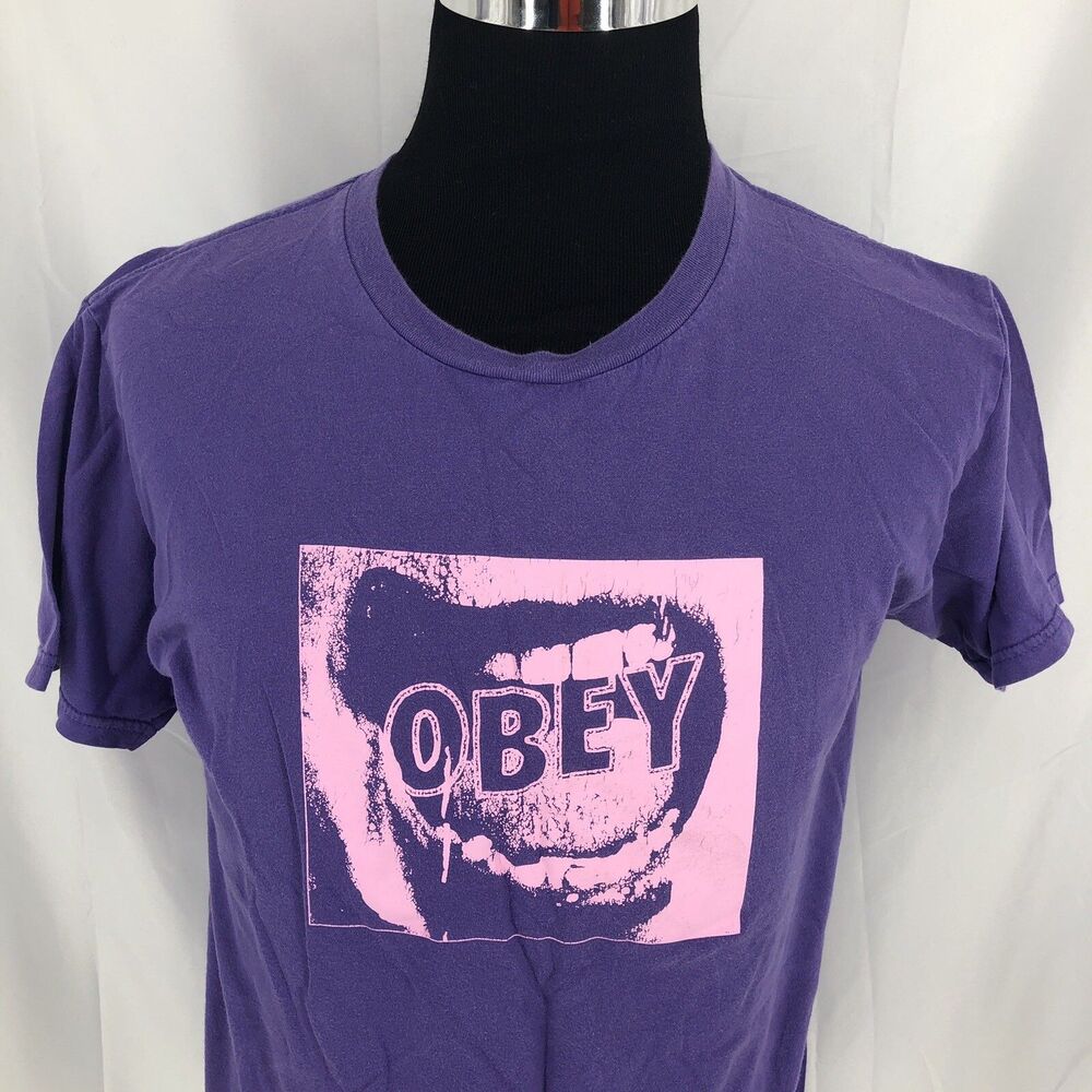 OBEY Propaganda Purple Pink Mouth Teeth Short Sleeve T Shirt Medium